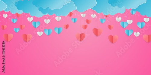 Valentine   s Day modern border frame design for Website  greeting or Sale banner  flyer  poster in paper cut style with cute flying Origami Hearts over clouds with air balloons isolated on background. 