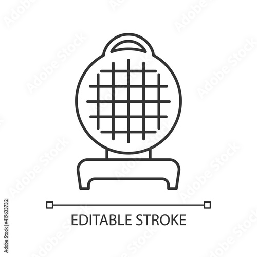 Waffle maker linear icon. Iron press for home cooking. Tabletop cooker. Small kitchen appliance. Thin line customizable illustration. Contour symbol. Vector isolated outline drawing. Editable stroke