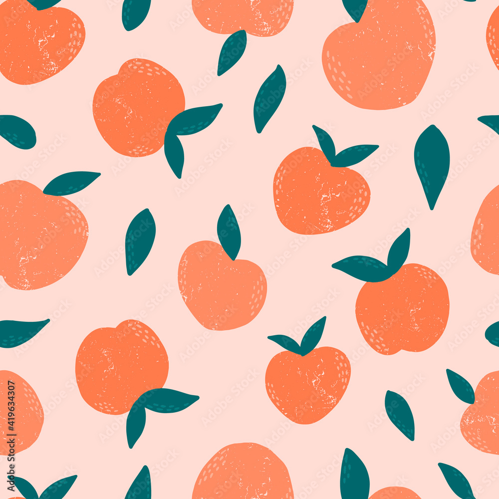 Seamless pattern with hand drawn peaches and leaves for textile prints, wallpaper, wrapping paper, scrapbooking, stationary, backgrounds, etc. 