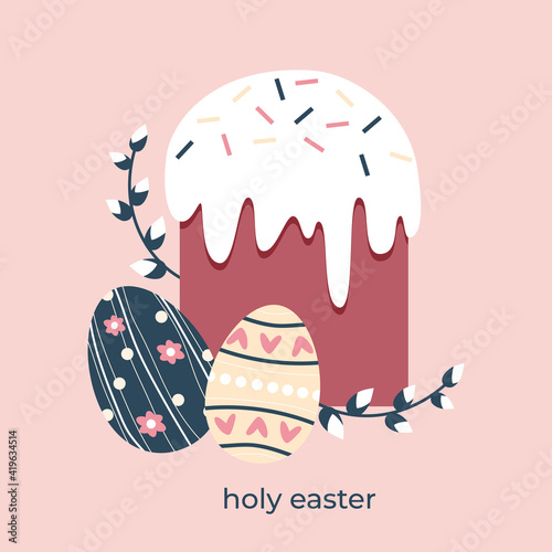 Easter cake colored eggs and branch. Easter card in pastel colors