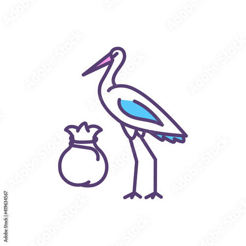 Stork bringing baby RGB color icon. Birth and new life symbol. Childbirth. Newborn babies. Age-appropriate sex education. Home and protection symbolization. Isolated vector illustration