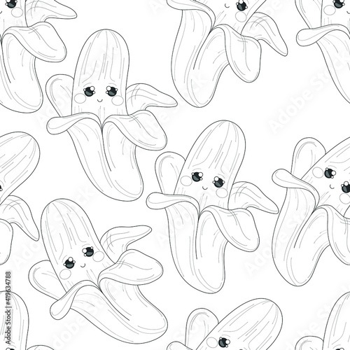 Cute cartoon banana with simple face seamless pattern sketch template. Graphic vector illustration in black and white for games, background, pattern, decor. Coloring paper, page, story book, print © Tatiana