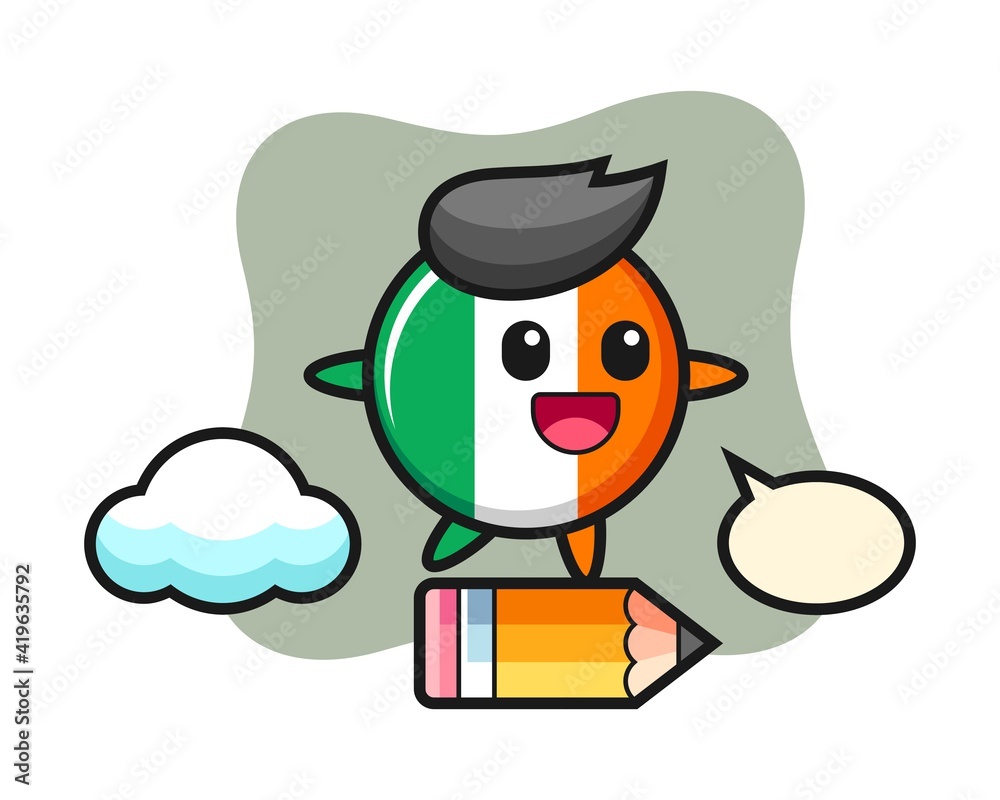 Ireland flag badge mascot illustration riding on a giant pencil Ireland flag badge mascot illustration riding on a giant pencil