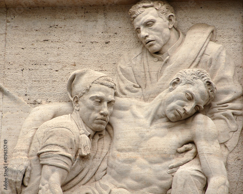 Sculptural bas-reliefs in the new courtyard of Palazzo Bo where the University of Padua is located