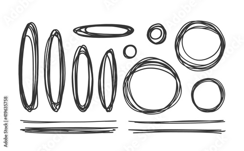 Hand drawn scribble circles, elipses and lines. Doodle sketch line design elements.