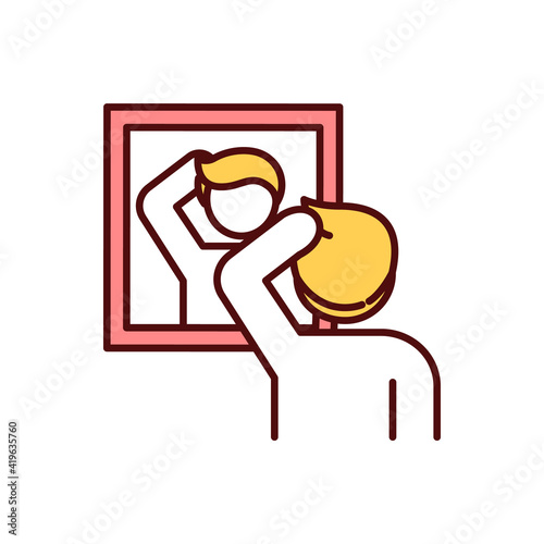 Early hair loss RGB color icon. Baldness avoiding. Chemotherapy aftermath. Nutritional deficiency. Hereditary alopecia. Severe stress. Hair health awareness. Isolated vector illustration
