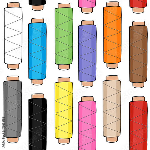 Seamless pattern of wooden bobbins, spools with colored thread isolated on background. Equipment for sewing, tailoring, accessory for needlework and clothing repair. Vector photo