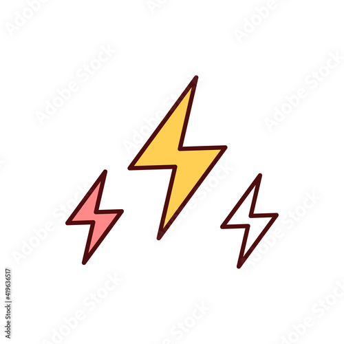 Electricity RGB color icon. Electrical power. Physical phenomena. Electric charge flow. Renewable energy source. Electricity generation technologies. Electrical field. Isolated vector illustration