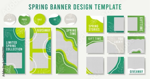 Abstract Design spring green backgrounds for media banner.Story and post frame templates.Vector cover flyer.Mockup for personal blog or product shop.Layout for promotion.Endless square photos puzzle