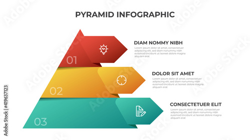 Pyramid infographic template vector with 3 list, options, levels diagram. Layout element for presentation, banner, brochure, etc.