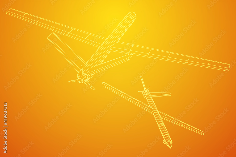 Military drone combat unmanned aerial vehicle. Recon aircraft plane. Wireframe low poly mesh vector illustration. Military drone combat unmanned aerial vehicle. Recon aircraft plane. Wireframe low poly mesh vector illustration.
