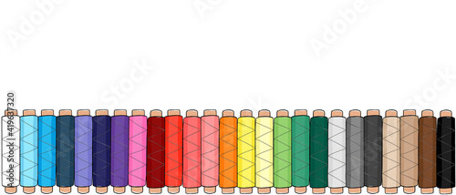 Web banner with wooden threads and empty space for text. Equipment for sewing, tailoring, accessory for needlework and clothing repair. Vector