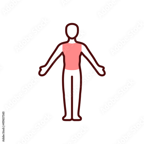 Chest pain RGB color icon. Heart attack risk. Thoracic tumors. Discomfort in upper abdomen. Crushing, burning. Muscle spasms. Chest cancer. Lungs inflammation, irritation. Isolated vector illustration