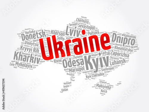 List of cities and towns in Ukraine, map word cloud collage, business and travel concept background