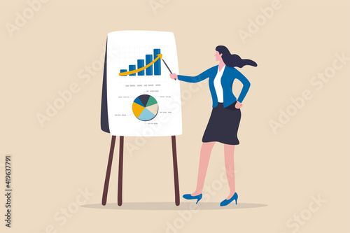 Financial data analysis report, statistic or economic research concept, businesswoman presenting graph and chart on board in the meeting.