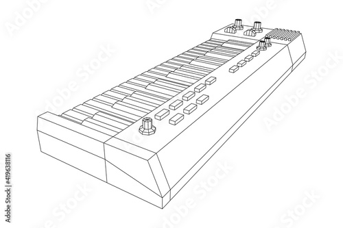 Piano roll analog synthesizer faders buttons knobs. Wireframe low poly mesh vector illustration.