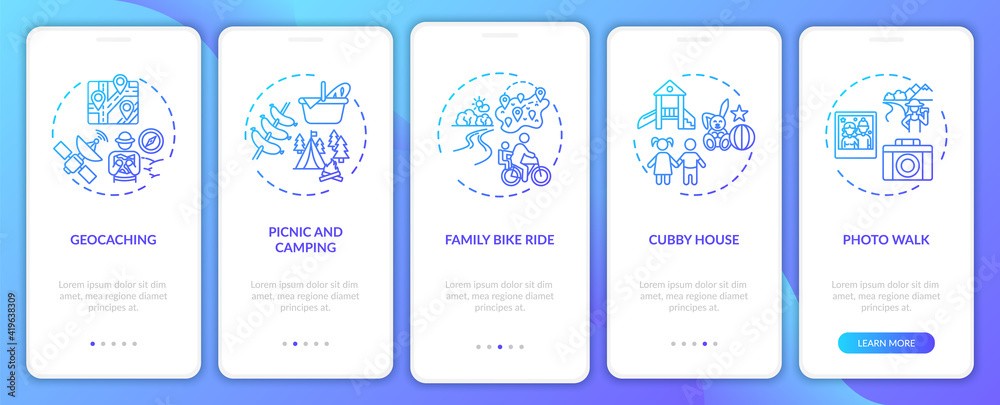 Outdoor family activities onboarding mobile app page screen with concepts. Photo walk with kids walkthrough 5 steps graphic instructions. UI vector template with RGB color illustrations