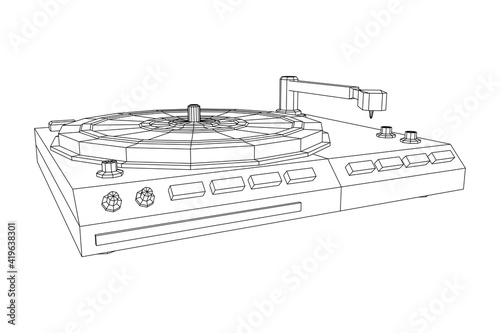 Vinyl turntable audio device. Wireframe low poly mesh vector illustration.