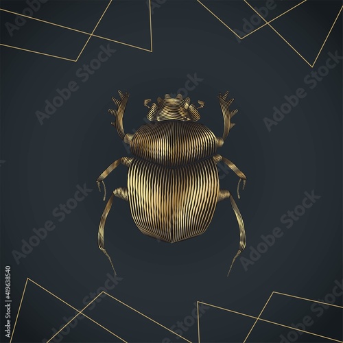 Vector illustration of stylised golden scarab bug on black background with golden stripes. Graphic print.