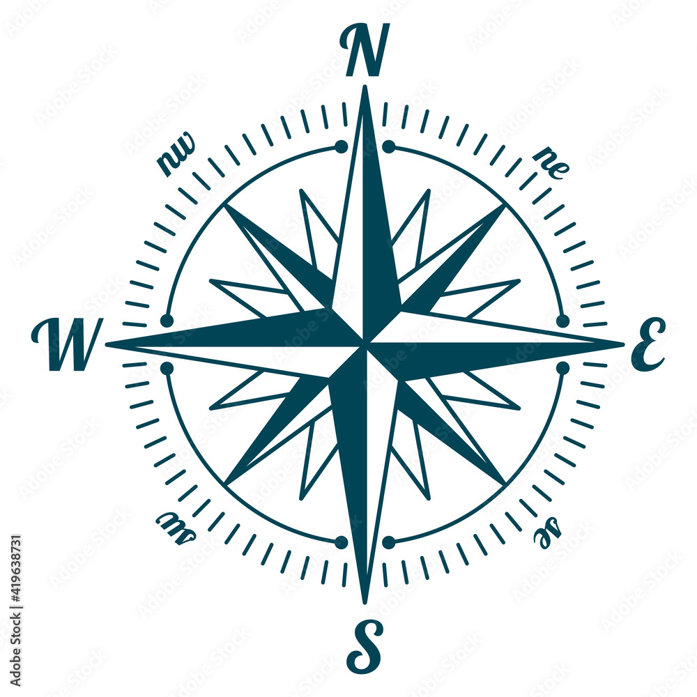 Wind rose. Marine compass. Navigation device with indication of the cardinal directions. North, South, East, West, Northeast, Northwest, Southeast, Southwest. Degree division scale. Wind rose. Marine compass. Navigation device with indication of the cardinal directions. North, South, East, West, Northeast, Northwest, Southeast, Southwest. Degree division scale.
