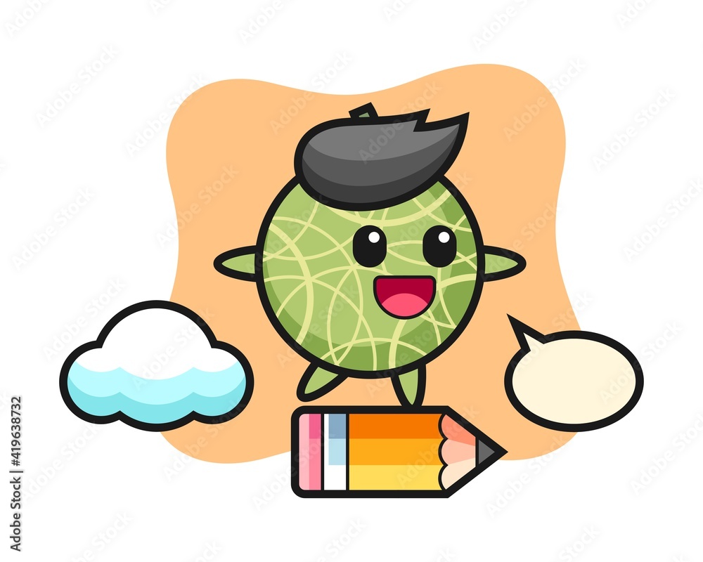 Melon mascot illustration riding on a giant pencil Melon mascot illustration riding on a giant pencil