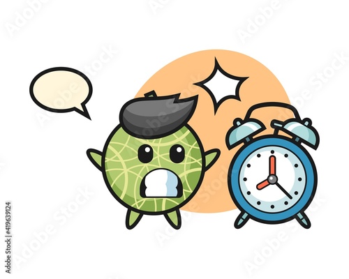 Cartoon illustration of melon is surprised with a giant alarm clock