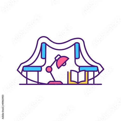 Home shelter RGB color icon. Kids creating area to play from pillows and furniture. Exciting family evening games ideas. Children having place to spent time with toys. Isolated vector illustration