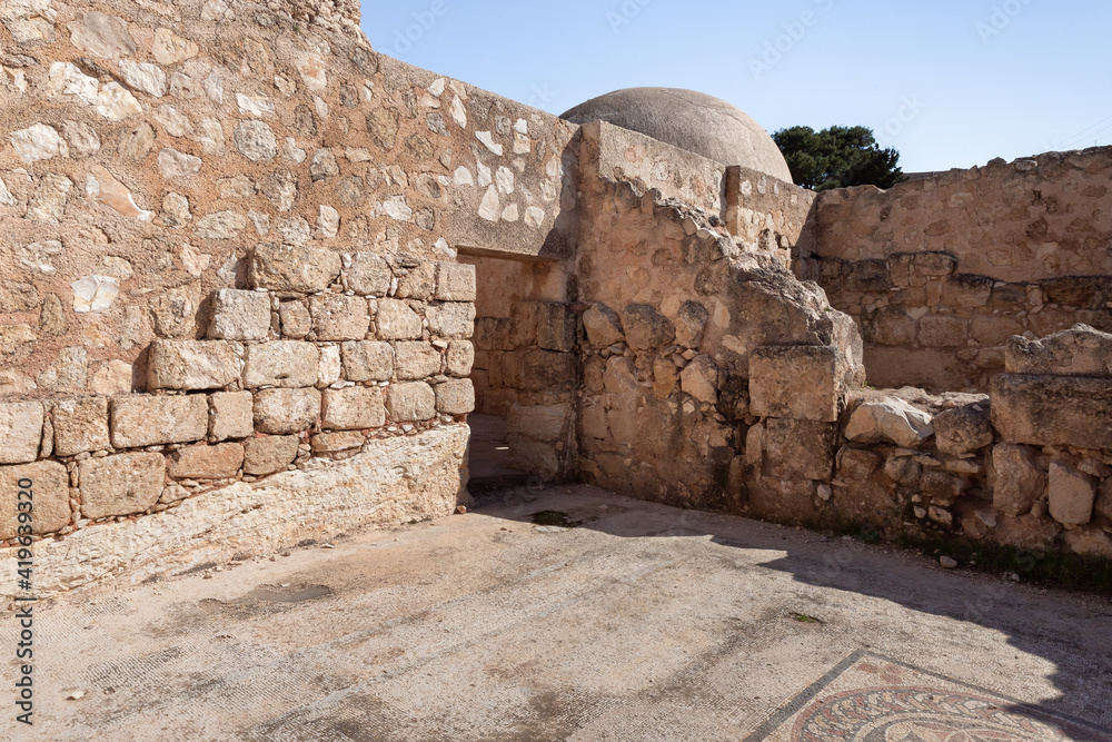 The courtyard  of the times of the Byzantine Empire near the ruins of the outer part of the palace of King Herod - Herodion, in the Judean Desert, in Israel