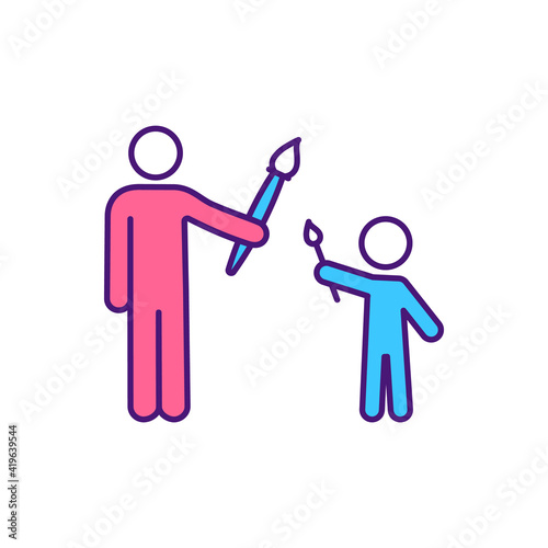 Paiting with kids RGB color icon. Inspired children creating beautiful pictures for parents. Transfering imagination on paper. Creating present with own hands. Isolated vector illustration