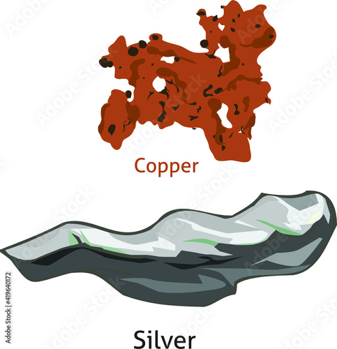 Vector Illustration of Rough Cooper and Silver Mineral, Online Education Material