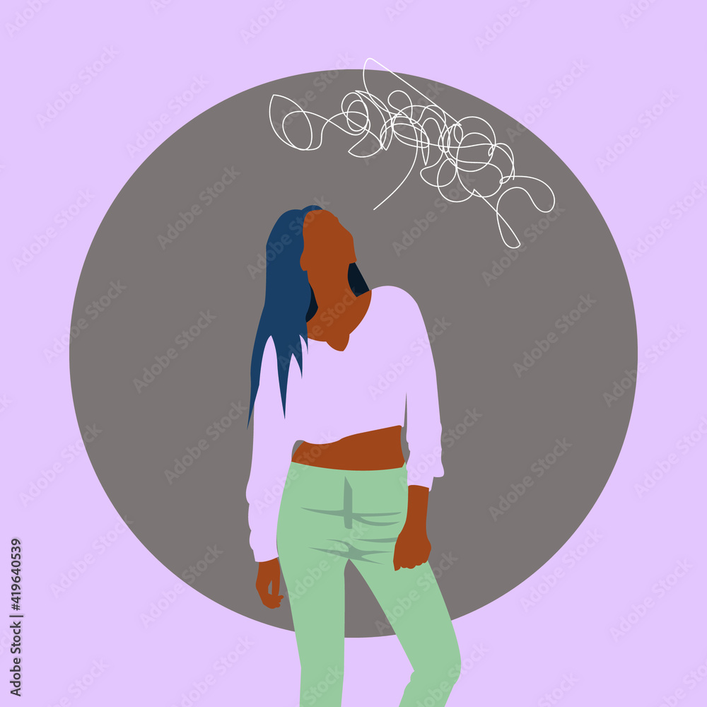 a black woman with confused thoughts. creative personality. confusion of thoughts and chaos in the mind. vector illustration in flat style a black woman with confused thoughts. creative personality. confusion of thoughts and chaos in the mind. vector illustration in flat style