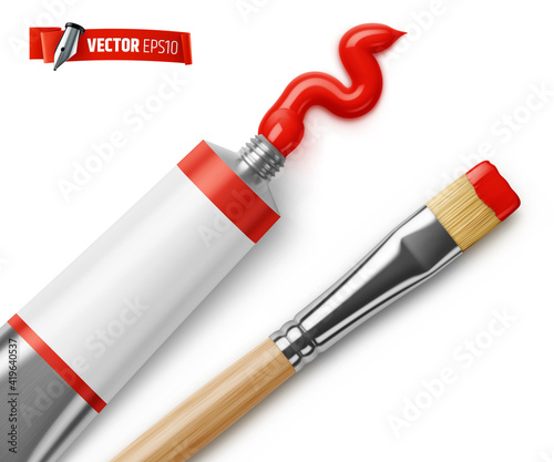 Tube de peinture rouge et pinceau vectoriels sur fond blanc