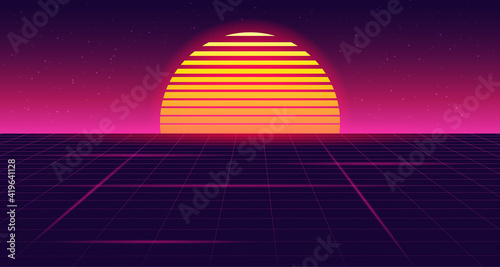 Retro futuristic sunset background with grid. 80s style. Retrowave, synthwave futuristic background. Night sky with stars and sun. Template design for cyber or sci-fi abstract concept. Vector