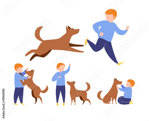 Set of Dog and Boy situations. Dog Stands Hind Legs Front Owner. Sit Next. Hug Pet. Run One After Another. Keeps Track of Team. Gives Command. Vector Simple Flat Cartoon Illustration. 