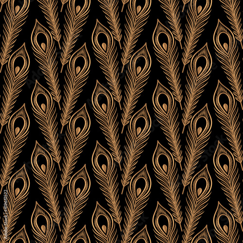 Peacock feathers luxury pattern seamless. Oriental gold black royal background vector. Persian design for gift wrapping paper  beauty spa  yoga wallpaper  wedding party  birthday package  backdrop.