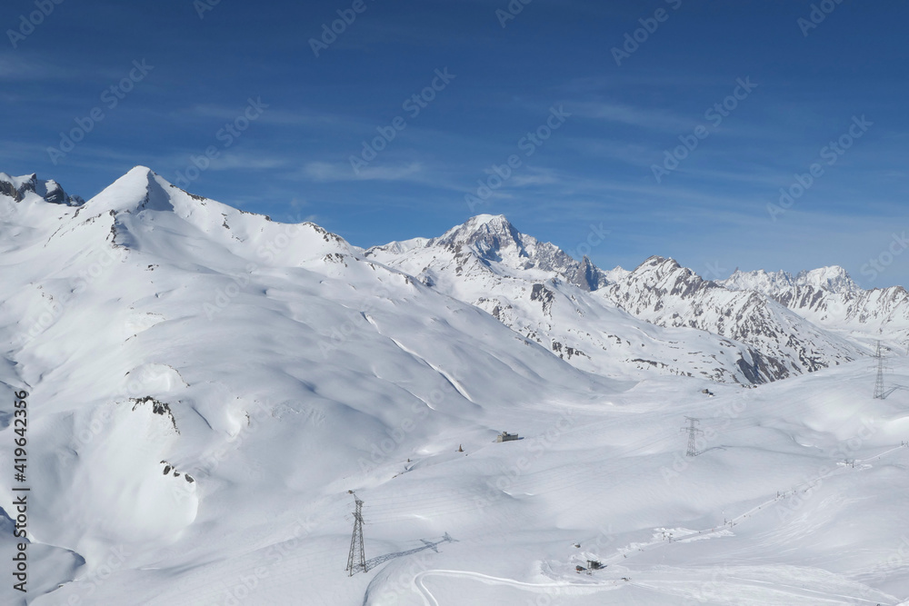 Winter landscape of La Thuile ski resort in Alps, Mont Blanc mountain view