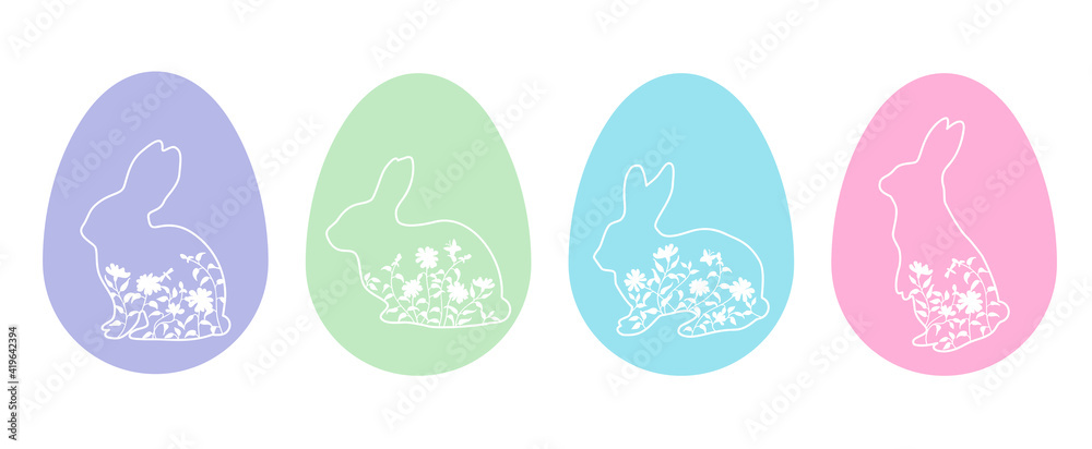 Set of Easter egg bunny silhouettes with grass and flowers. Collection Easter bunny in the meadow. Vector llustration in linear style in pastel colors. Isolated on white background Set of Easter egg bunny silhouettes with grass and flowers. Collection Easter bunny in the meadow. Vector llustration in linear style in pastel colors. Isolated on white background