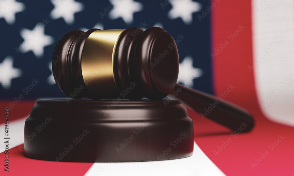 Close-up of a judge's hammer on the background of the American flag.3D rendering.