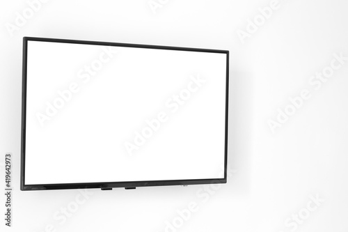 White blank screen television on concrete wall at living room. copy space for text on TV.	
