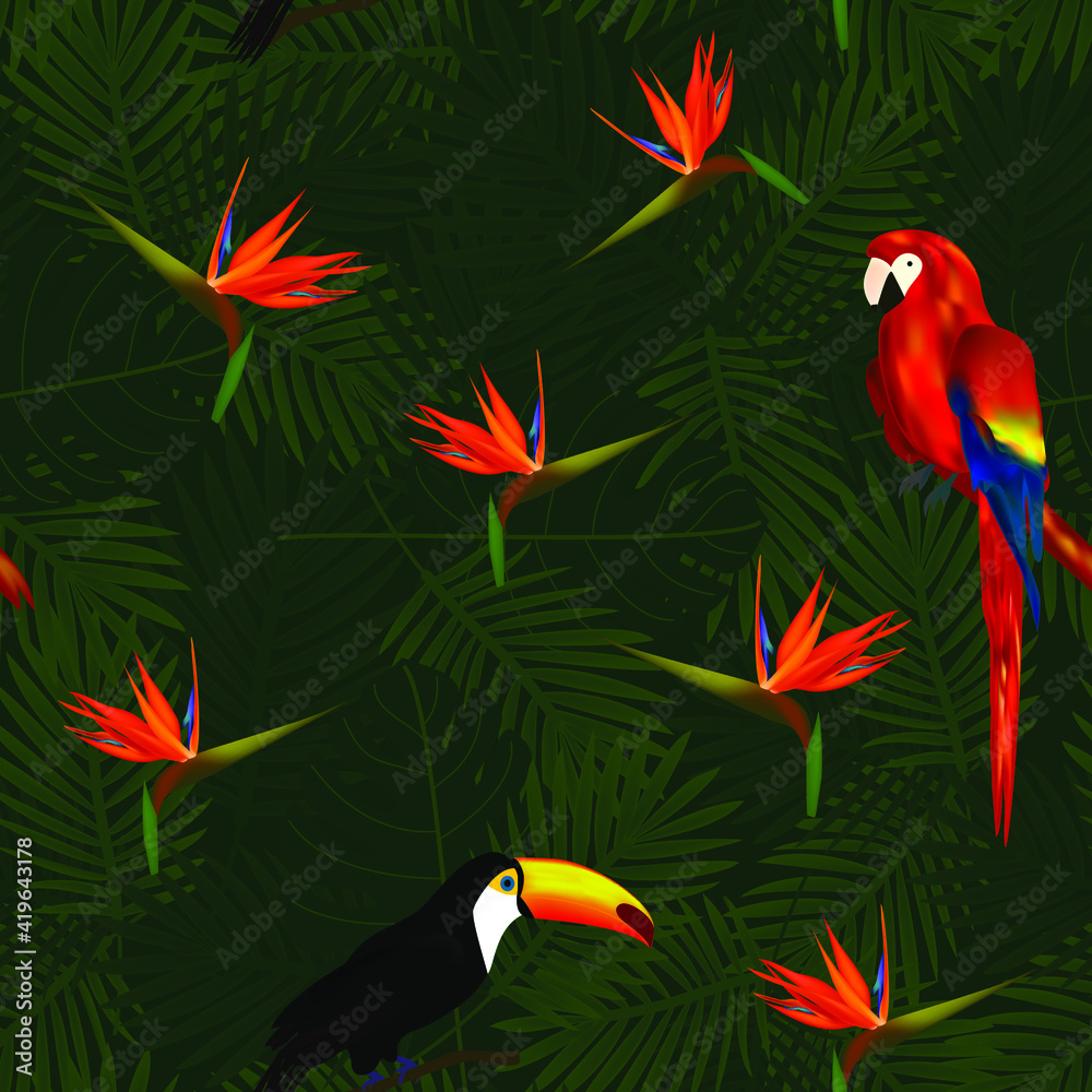 Naklejka premium Tropical seamless pattern of flowers bird of Paradise (strelitzia) and parrots on background of palm leaves. Exotic illustration of wildlife.