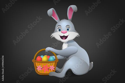 Isolated illustration of a bunny sitting with a basket of painted easter eggs