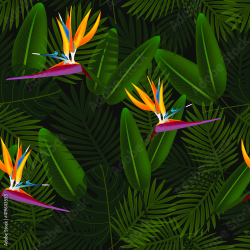 Tropical seamless pattern of flowers bird of Paradise (strelitzia) on the background of palm leaves. Exotic illustration of jungle plants.