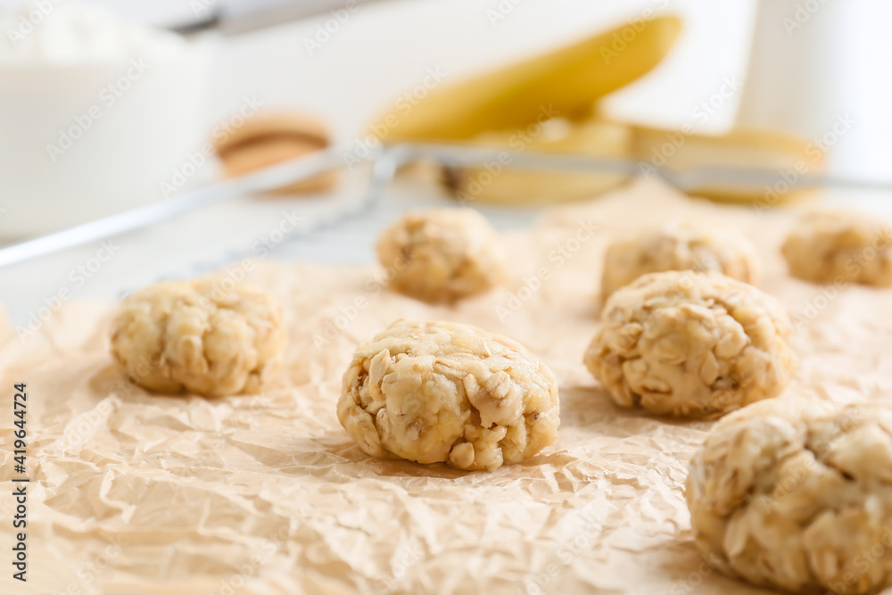 Uncooked banana cookies on table, closeup Uncooked banana cookies on table, closeup