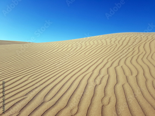 beautiful desert sand dunes with blue sky in the background. wind ripples lines or waves effects on sands close up.