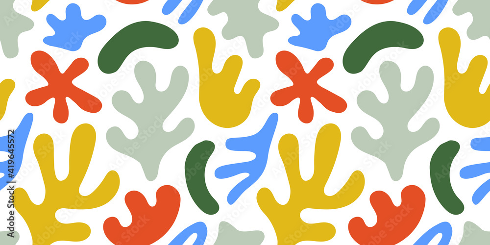 Abstract leaf cutout shapes seamless pattern. Trendy colorful freehand leaves background design. Matisse inspired decoration wallpaper, childish nature symbols. Abstract leaf cutout shapes seamless pattern. Trendy colorful freehand leaves background design. Matisse inspired decoration wallpaper, childish nature symbols.