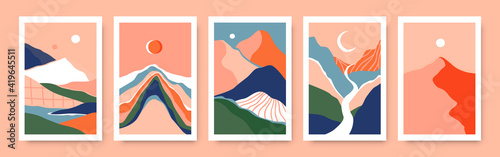 Trendy mountain landscape banner set, cool aesthetic horizon scenery view. Isolated hill environment brochure collection, nature illustration poster bundle with sun and moon. 