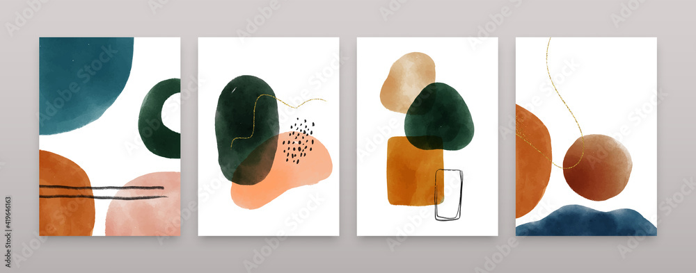 Organic watercolor shapes composition set. Abstract minimalist banner collection, trendy glitter decoration and paint texture doodles in soft earth tones. Fashion brochure, copy space poster bundle.