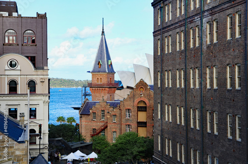 Interesting view of the old converted warehouses and buildings and Sydney Harbour taken from The Rocks area of the city