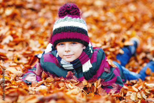 Portrait of happy cute little kid boy with autumn leaves background in colorful clothing. Funny child having fun in fall forest or park on cold day. With hat and scarf.