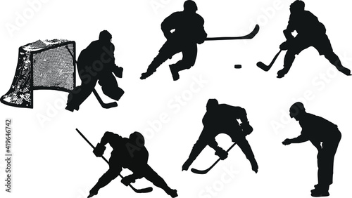 Hockey players silhouettes isolated on white background. The goalkeeper stands at the goal, the referee throws in the puck, the hockey players are actively fighting for the puck. Vector, eps10. 